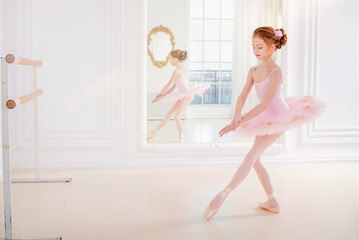 Little girl ballerina dancer in tutu learning ballet dance at dance school