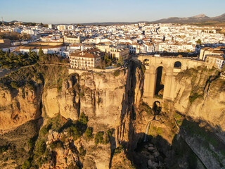 Drone view at the old bridge of Ronda on Andalusia, Spain