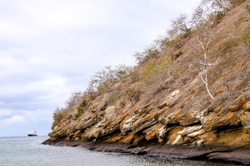 Naklejka premium Steep cliffs reveal the volcanic geology of Punta Cormorant on Floreana Island in the Galapagos.