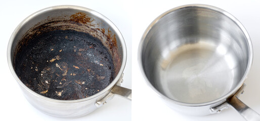 Compare burnt pan before and after cleaning the unclean able stained pot from burnt cookin. The...