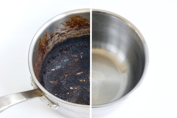 Compare burnt pan before and after cleaning the unclean able stained pot from burnt cookin. The...