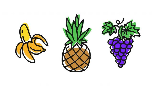Banana pineapple grapes. Frame by frame animation. Alpha channel. Looped animation