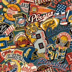 College athletic department sticker patchwork vintage vector seamless pattern sport patches collection