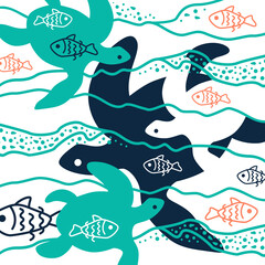 Fish and turtles. Illustration depicting the underwater world, waves and bubbles. 