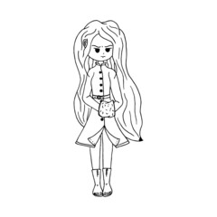 Vector illustration coloring book depicting a girl in a coat with a clutch with long hair. Picture for coloring. Hand drawn.