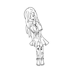 Vector illustration coloring book depicting a crying girl in a dress with long flowing hair. Picture for coloring. Hand drawn.