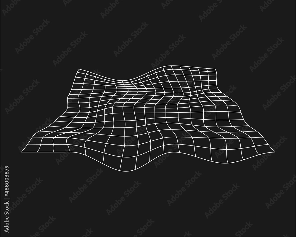 Poster cyber distorted grid, retro punk design element. wireframe wave geometry grid on black background. v