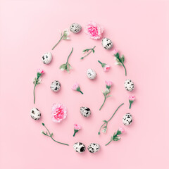 Easter composition egg shape made of colorful spring flowers and green leaves on pink pastel background. Minimal easter concept. Flat lay with copy space.