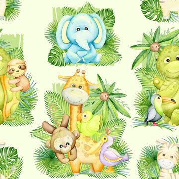 turtle, sloth, giraffe, monkey, parrot, elephant, tropical plants, watercolor seamless pattern.