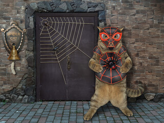 A beige cat is wearing a spider costume near a door of his house. Spidercat. © iridi66