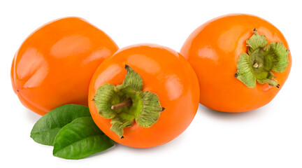 fresh ripe persimmons with green leaves isolated on white background. clipping path