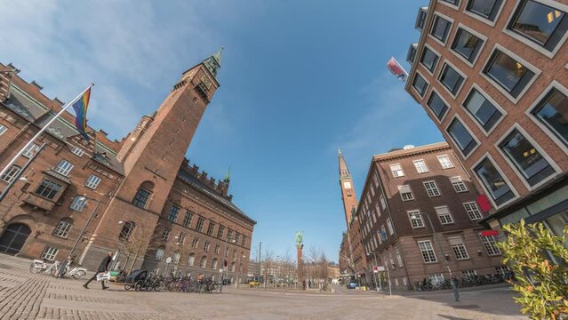 Copenhagen, Denmark - April 11, 2018: Copenhagen Denmark time lapse 4K, city skyline timelapse at City Hall