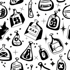 Seamless pattern of potion bottles. Vector icons of small flasks, magic elixir in glass flasks. Witch poison, love potion, Halloween. A set for alchemy. Design for games.