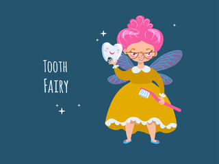 Cute tooth fairy with baby tooth and toothbrush, fairy with glasses with pink hair, yellow dress cartoon character with wings vector illustration