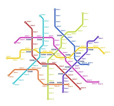 Metro, subway, underground transport system vector map. Railway transport line plan with stations, colorful network of train routes and tube tunnels, subway