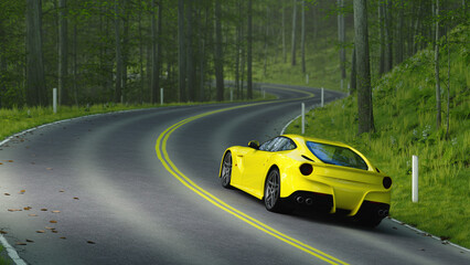 Yellow sports car driving around a bend with empty forest road ahead. 3D rendering.