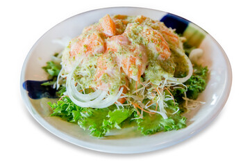 Die cut of fresh salmon salad on white isolated