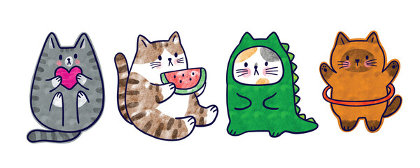 Watercolor cartoon cute funny cat vector.