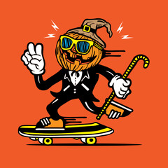 Skateboarding Pumpkin Head Halloween in Tuxedo Mascot Character Design