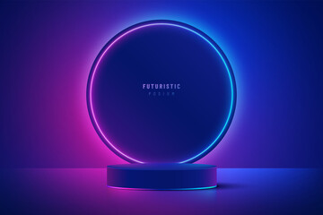Realistic dark blue cylinder pedestal podium with illuminate glowing circles neon lamp in futuristic style. Minimal scene for products showcase, Stage promotion display. Vector abstract room platform.