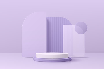 Realistic violet and white 3D cylinder pedestal podium set with geometric set background. Minimal scene for products stage showcase, promotion display. Vector geometric platform. Abstract room design. - obrazy, fototapety, plakaty