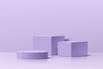 Realistic violet 3D cube and cylinder pedestal podium set in pastel abstract room. Minimal scene for products stage showcase, promotion display. Vector geometric platform design. Vector illustration