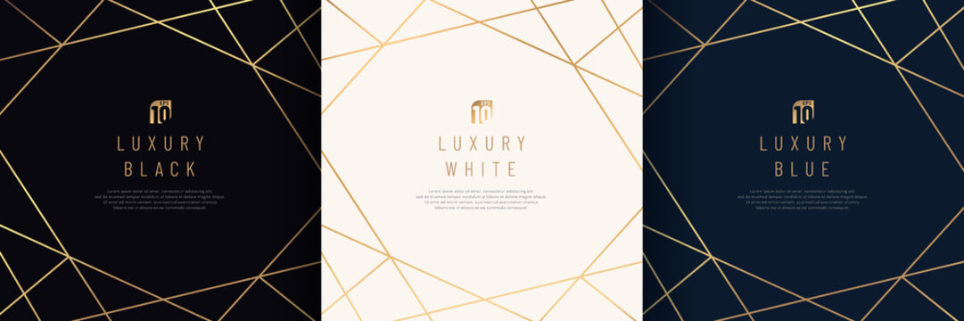 Set of white, dark blue, black frame with geometric golden lines overlap design. Abstract backdrop for cosmetic product. Collection of luxury geometric vector background with copy space. Top view.