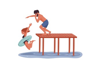 Young guy and girl jumping from the pier. People on vacation, summer travel activities and fun. Joyful and happy man and woman with float ring jumps in water, swimming in sea isolated vector scene