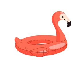 Inflatable flamingo float swim ring. Flat style tropical bird balloon or swimming ring toy for pool party. Vacation travel and beach leisure, resort fun and summer holidays isolated vector symbol