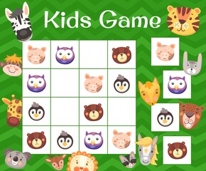 Cartoon funny animals, kids sudoku game or tabletop puzzle, vector. Sudoku board game or child logic riddle with funny zoo animals and pets, zebra and lion, owls and bear, horse and raccoon