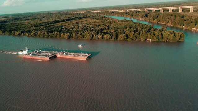 Boat on river and park horizon aerial drone 4k <> Argentina buenos aires Zarate Brazo Largo