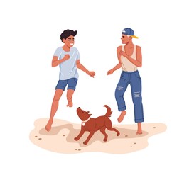 Friends playing on the beach with a dog. Two teenage boys characters running on sand, playing with pet on sand. Summer leisure, resort travel and vacation activity flat vector scene