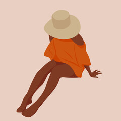 The girl on the beach is sunbathing in a Panama hat. Vector illustration, isolated. 
