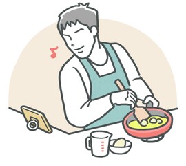 スマホでレシピを見ながら、キッチンで料理する楽しそうな若い男性