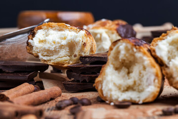 custard cake with cream, chocolate and other sweets