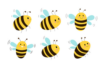 Set of cartoon honey bees isolated on white