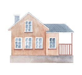 Watercolor vector cute rural red, brown house . Vintage hand-drawn illustration