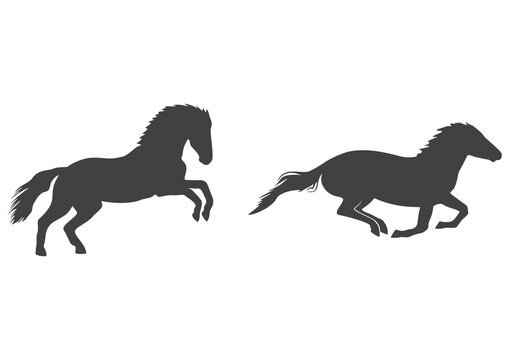 Running horse silhouettes, icon set. Vector illustration isolated on white background.