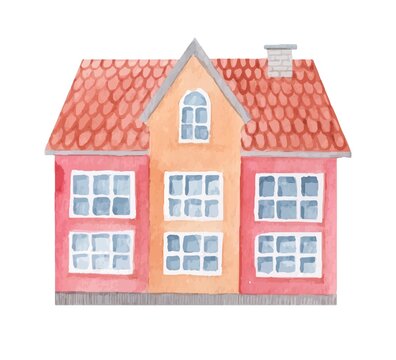 Watercolor vector cute rural red, brown house . Vintage hand-drawn illustration