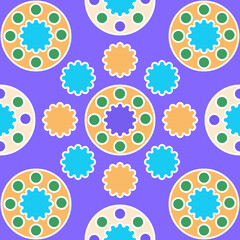 Seamless pattern of round abstract yellow and blue elements, green circles on a purple background for textile.