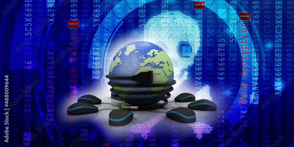 Poster 3d rendering charger cable connected globe with mouse network