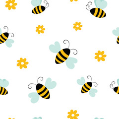 Cute seamless pattern with bee and flowers. Cartoon spring elements on white background. Vector illustration