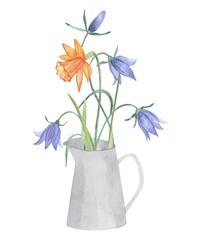 Watercolor vector wild herbs flowers in watering can and jug. Hand drawn botanical flowers