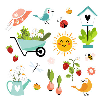 Set of spring season elements. Collection of cute garden objects, flowers and birds. Vector illustration.