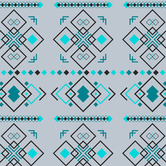Navajo vector seamless pattern with abstract geometric shapes in smalt and tiffany blue, thunder colors. Design for carpet, scarf, wallpaper, fabric.