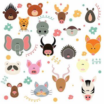 Colored heads with white outlines, drawn by hand. Multicolored icons depicting animal heads isolated on a white background.