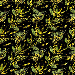 Seamless pattern in watercolor. Mimosa branches. Spring flowers on a black background.