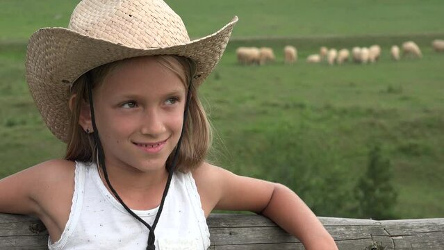 Grazing Sheep, Farmer Peasant Kid Portrait, Shepherd Cowboy Child Pasturing, Rustic Girl Shepherd Pastured Farm Animals in Field