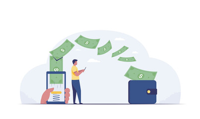 People transfer money from smartphone to wallet. vector illustration