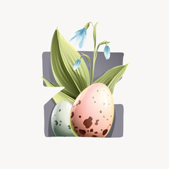 Z letter logo with Easter eggs in a natural pattern, lily of the valley leaves, and snowdrop flowers.